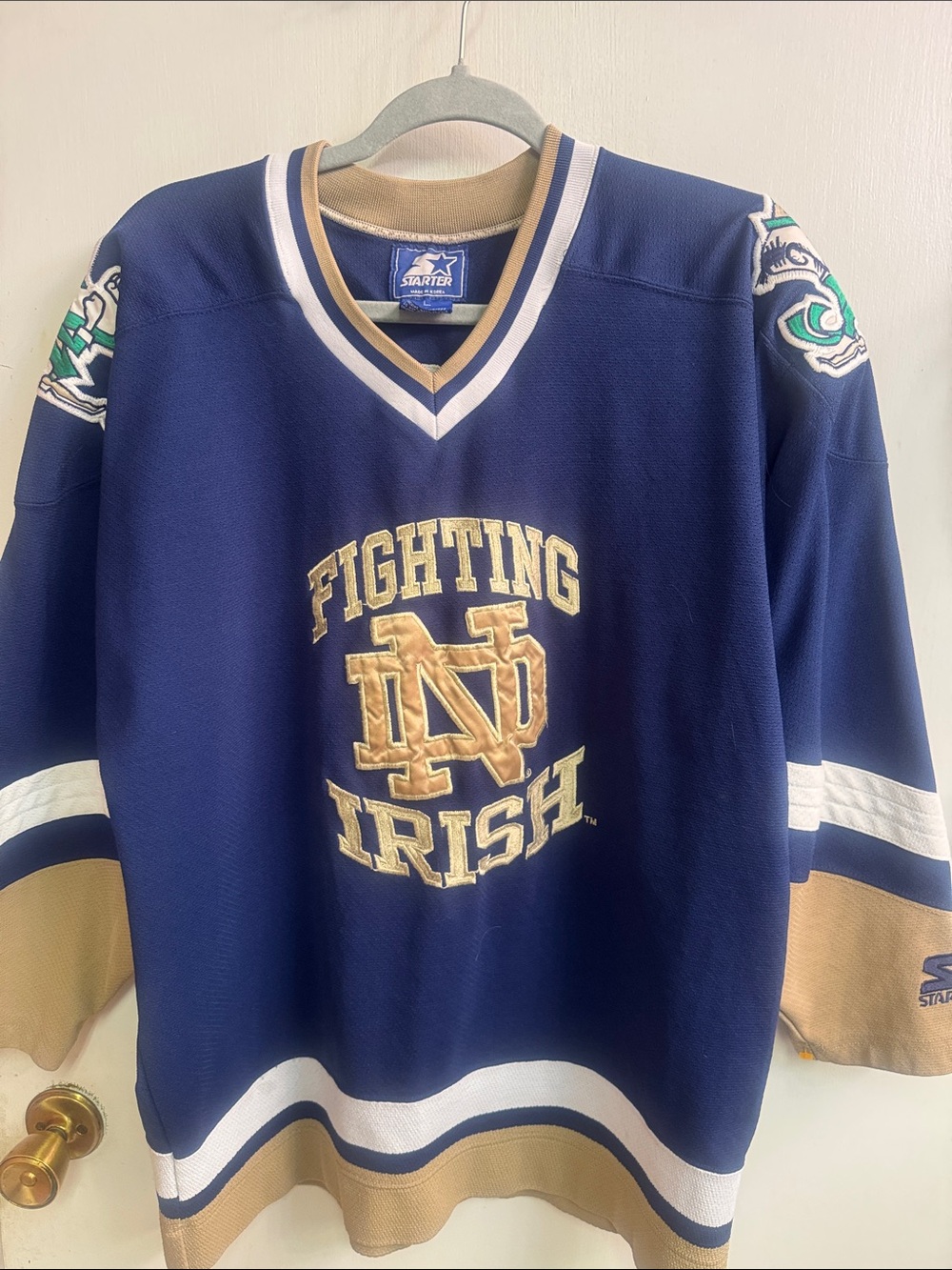STARTER Navy and Tan Fighting Irish Crewneck Sweater